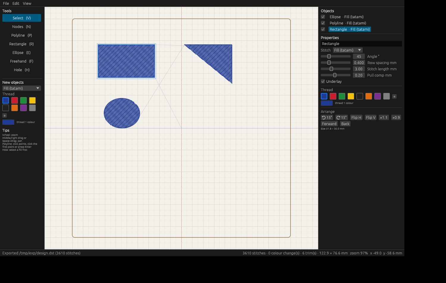 The EmbroideryCraft editor with a design on the canvas and its stitch properties