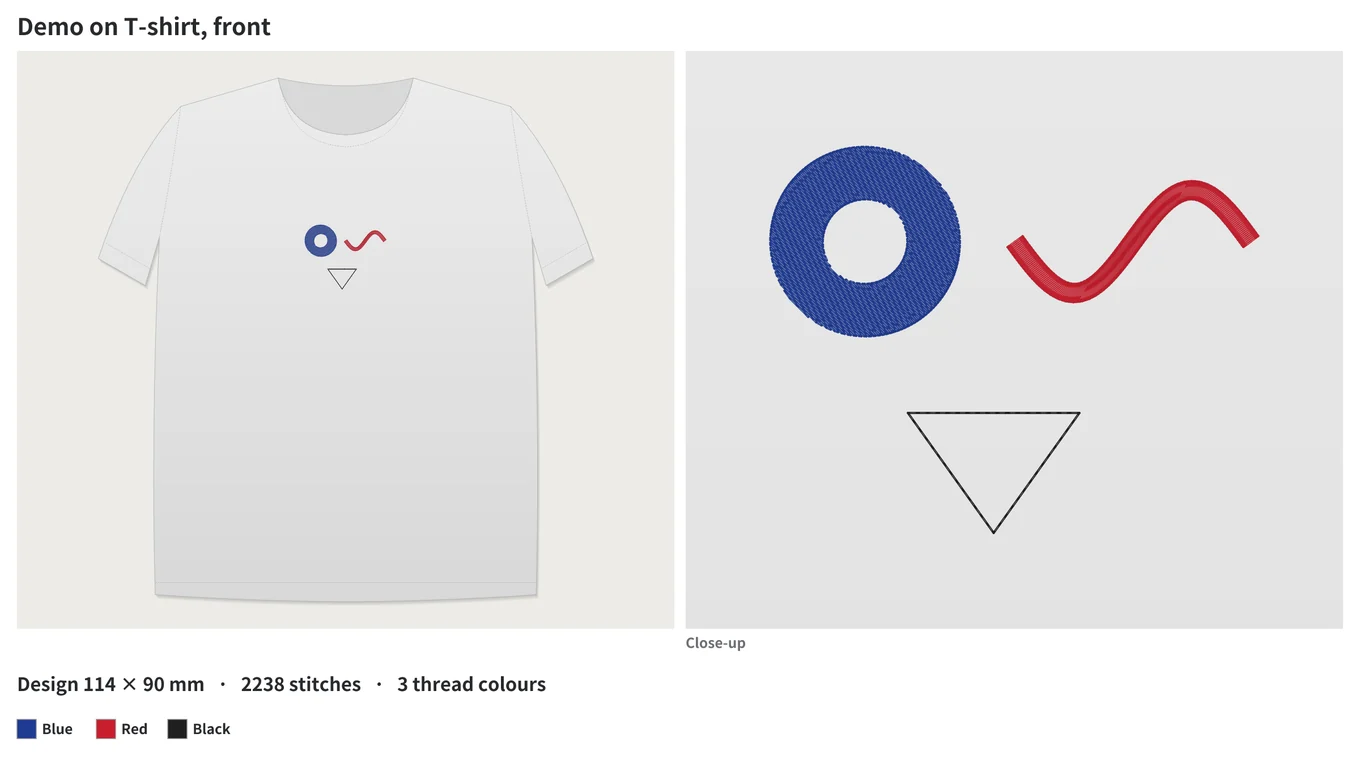A mockup picture of a design on a T-shirt with a close-up, size, stitch count and thread colours