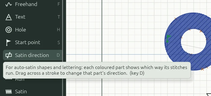 A tooltip explaining the Satin direction tool