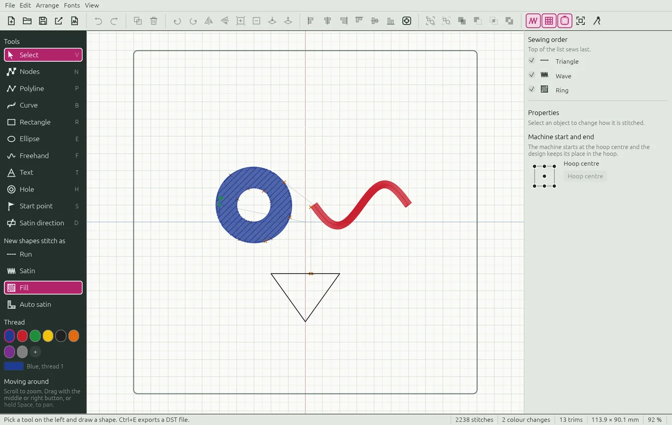 The EmbroideryCraft editor: tools on the left, a design in the hoop, sewing order and properties on the right
